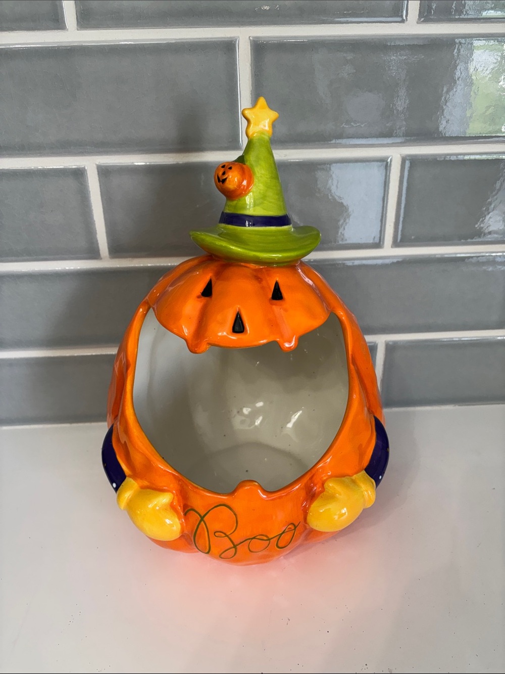 Ceramic Jack O Lantern Halloween Pumpkin Decorative Candy Dish Open Mouth